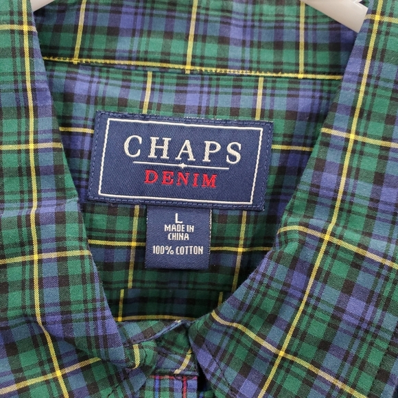 Chaps Denim Mixed Tartan Plaid Shirt Womens Large Blue Green Button Front NWT - Picture 2 of 12
